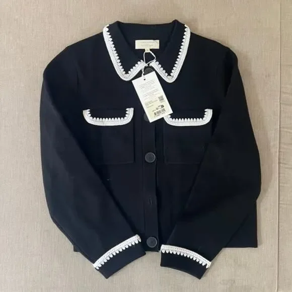 NWT Sezane Betty Cardigan Black Ecru Crochet Size M - Picture 2 of 7